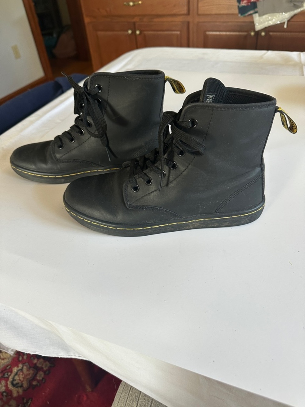 Dr. Martens Black Leather Ankle Boots with Yellow Stitching